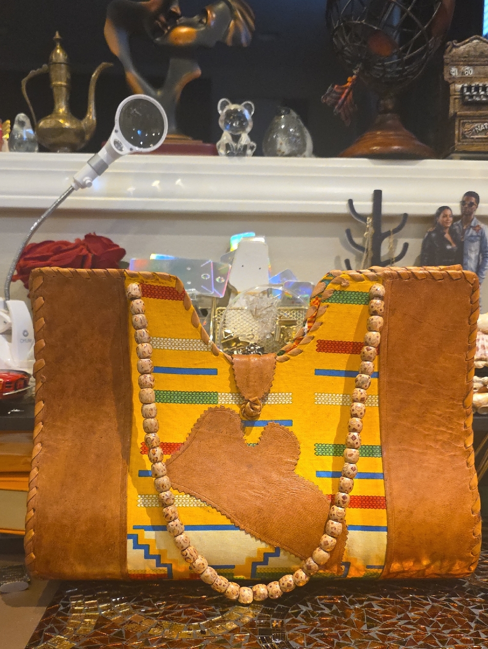Vintage Brown Leather & Yellow Patterned Shoulder Bag